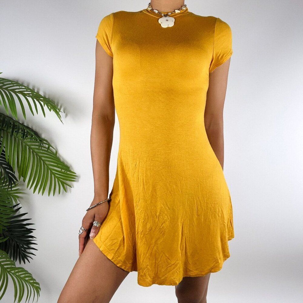 Vintage Y2K Yellow Casual Cap Sleeve A-Line Fitted Mini Skater Dress / S